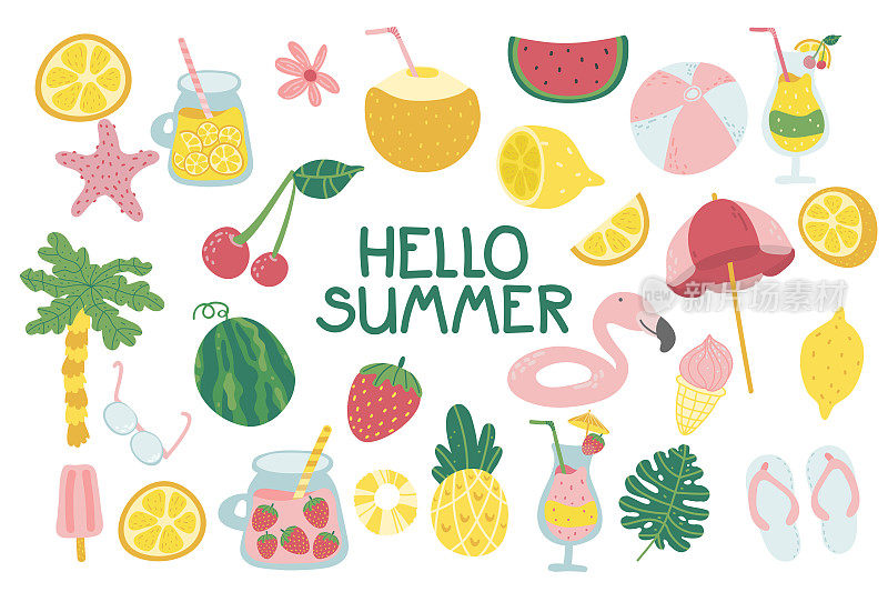 hello summer. Set of cute summer icons. Drawning flat cartoon cocktail, juice, ice cream, fruits, flowers, palm trees. Hand drawn flat cartoon. summertime poster, card, scrapbooking, tag, invitation
